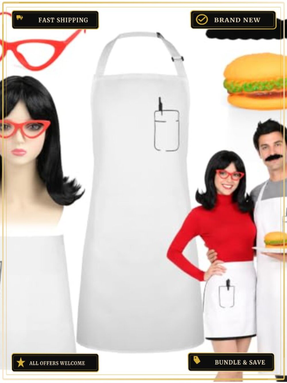Adult Couple Costume Set Chef Waitress Aprons Wig Beard Glasses Hamburger Prop